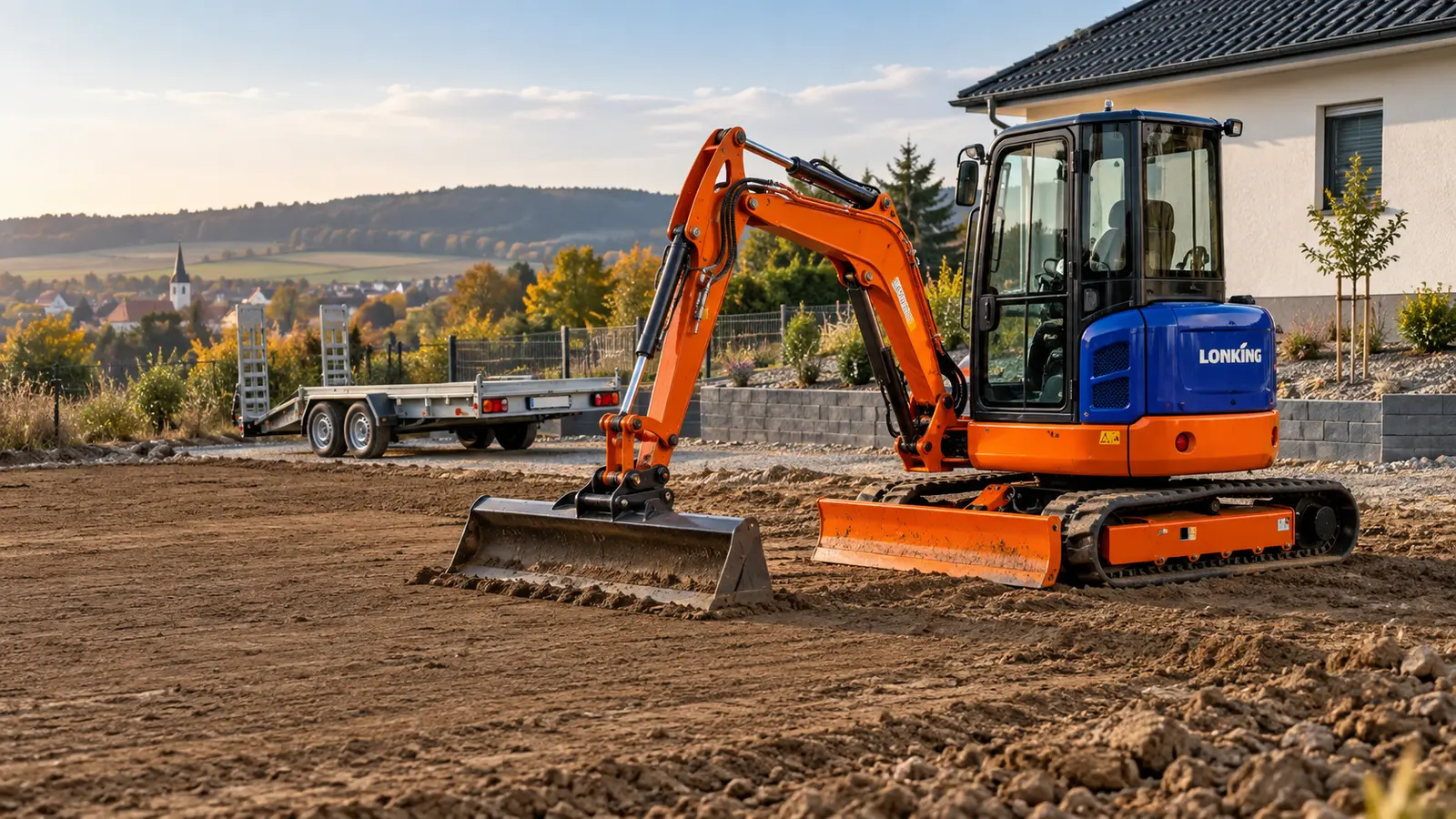 Modro-oranžový dvoutunový minibagr Lonking CDM6020 s hydraulickou svahovací lžící a přepravníkem