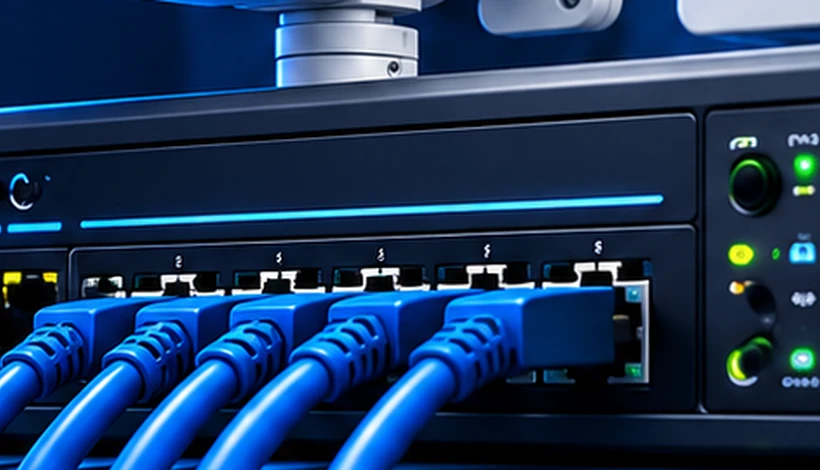 Síťový rozvaděč s připojenými ethernetovými kabely